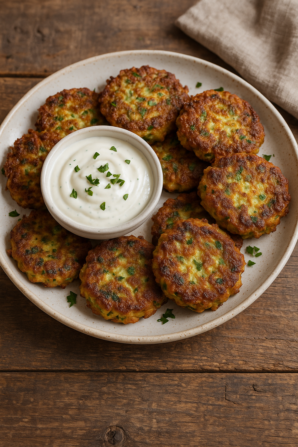 Golden-brown zucchini fritters served with creamy garlic yogurt sauce on a rustic wooden table.