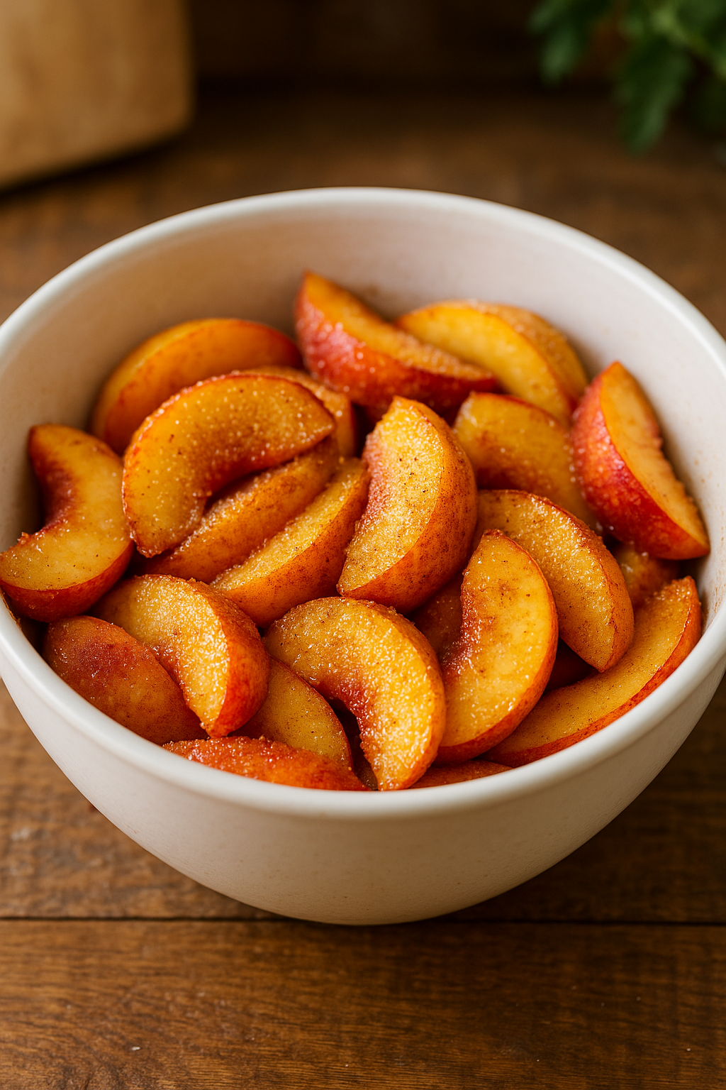Sliced fresh peaches mixed with sugar and cinnamon in a bowl