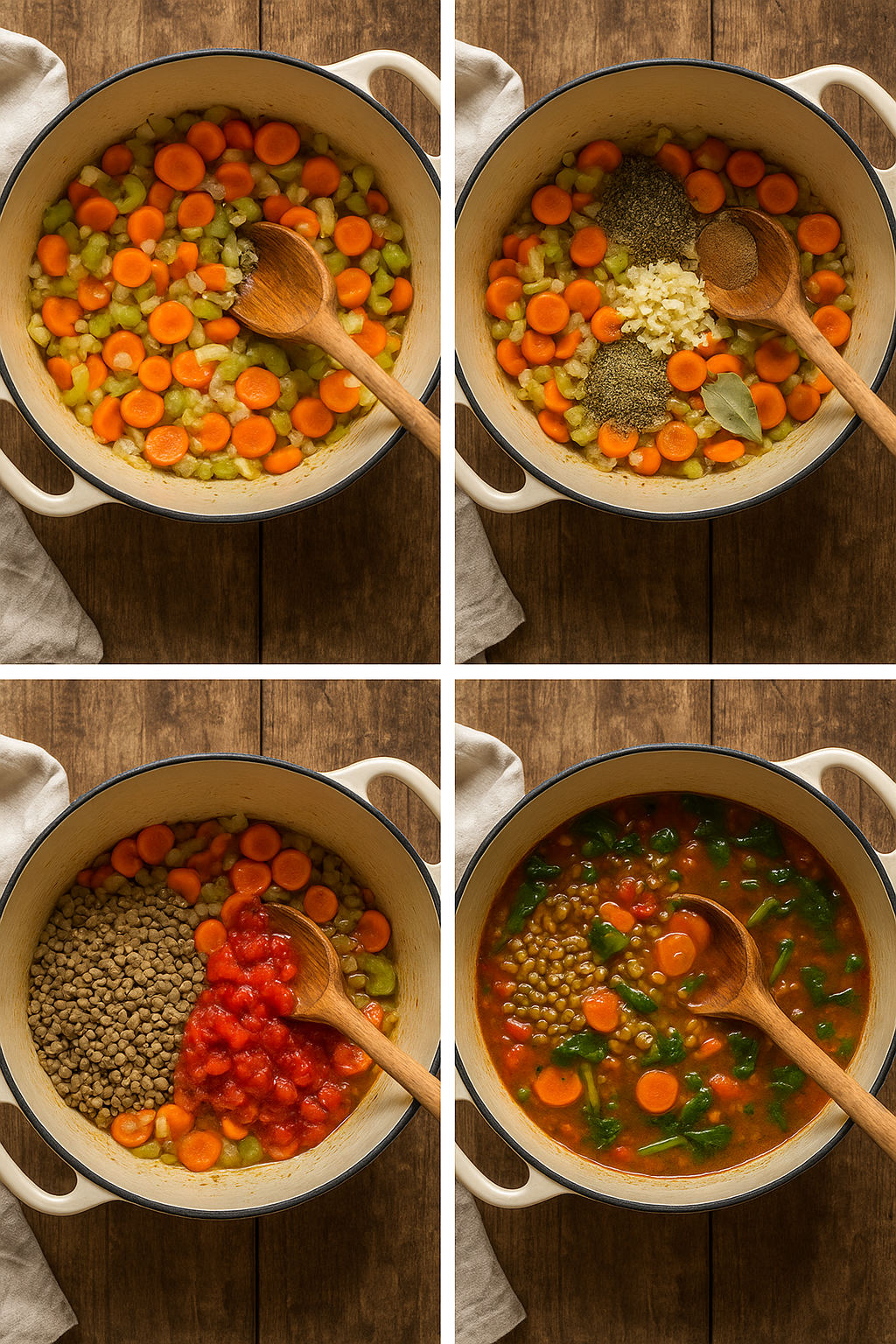Step-by-step cooking process of hearty vegetable lentil soup in a rustic Dutch oven with carrots, celery, lentils, tomatoes, and spinach.