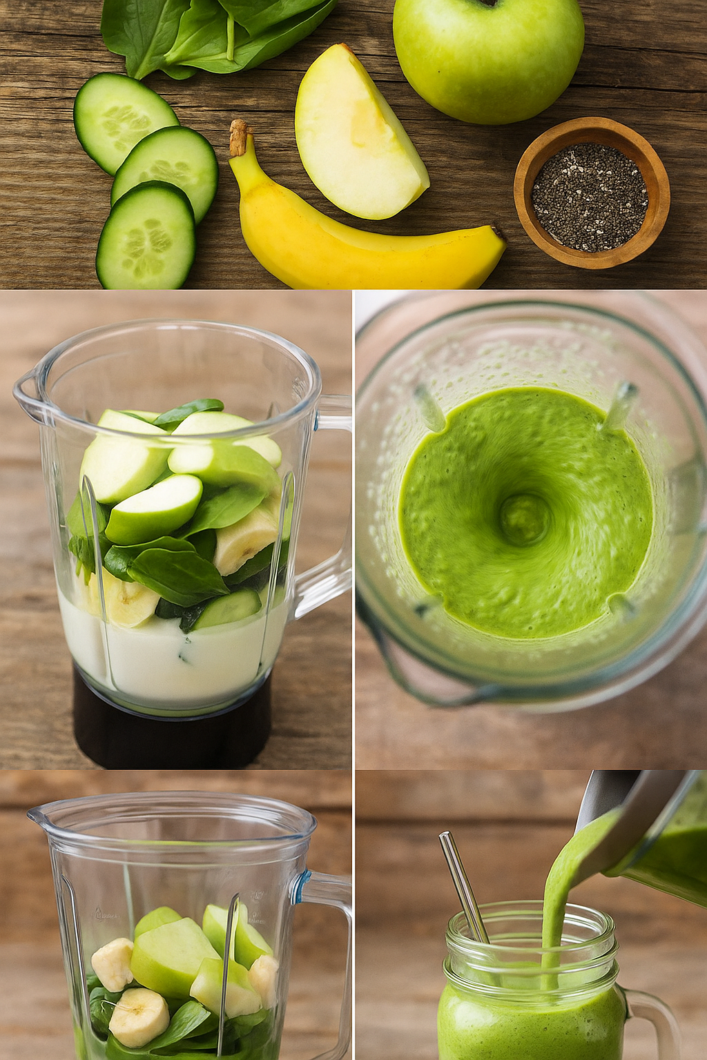 Collage of ingredients and blending steps for Green Detox Smoothie.