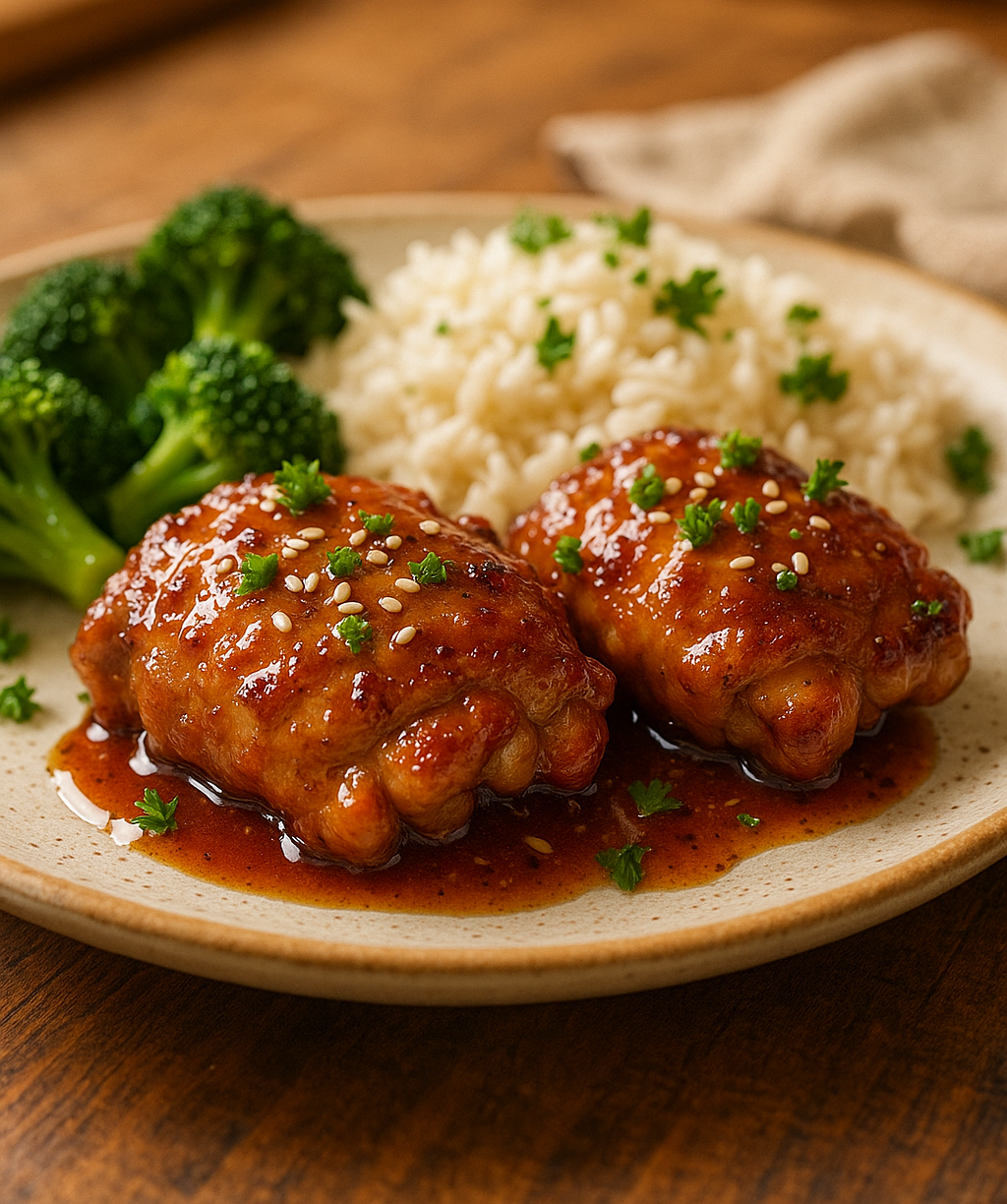 Honey Garlic Chicken Thighs served with rice and broccoli on a plate.