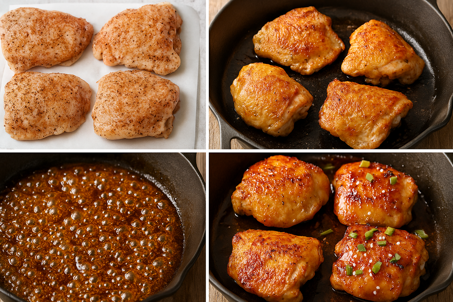 Step-by-step collage of making Honey Garlic Chicken Thighs.
