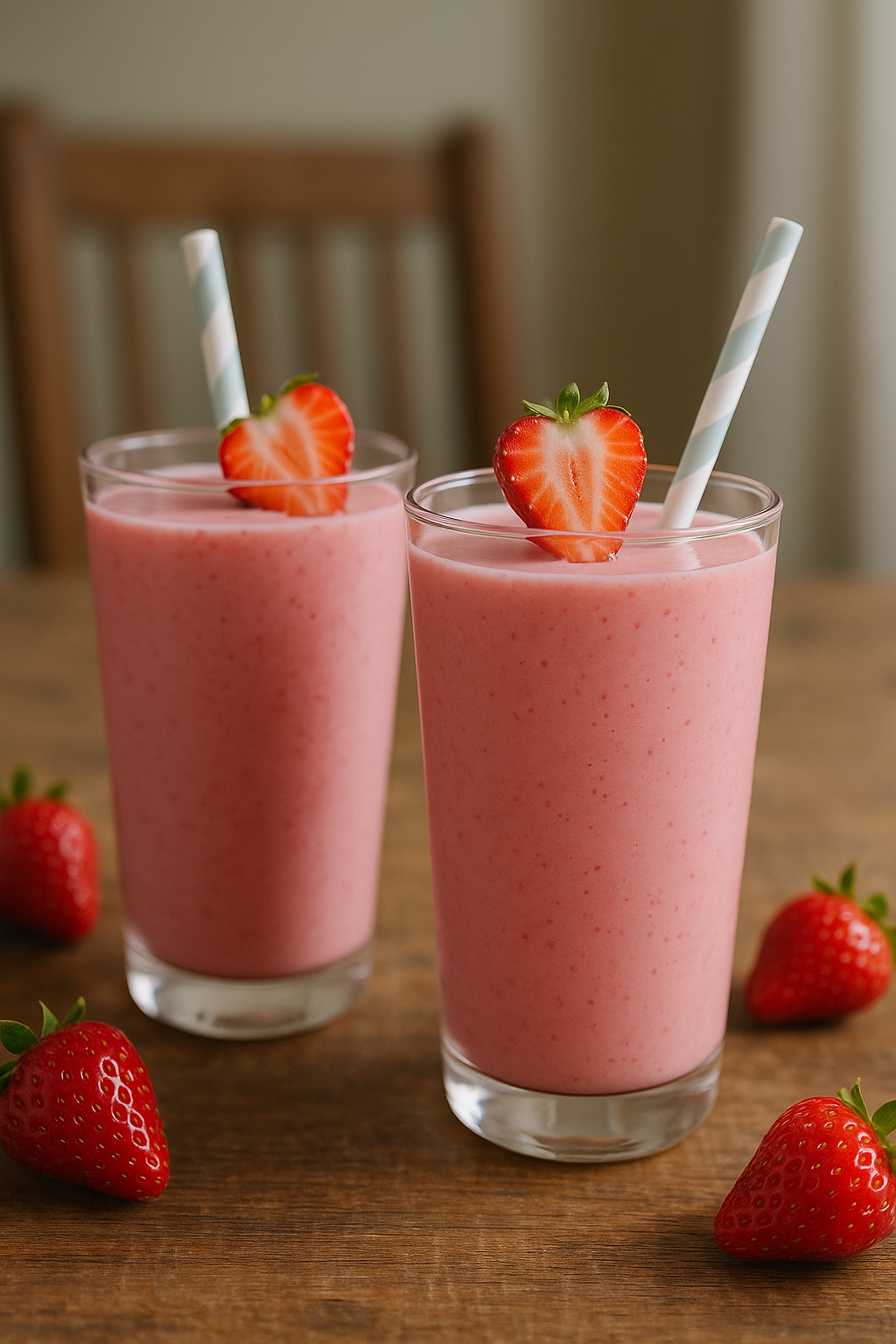 Two glasses of Strawberry Banana Smoothie with straws