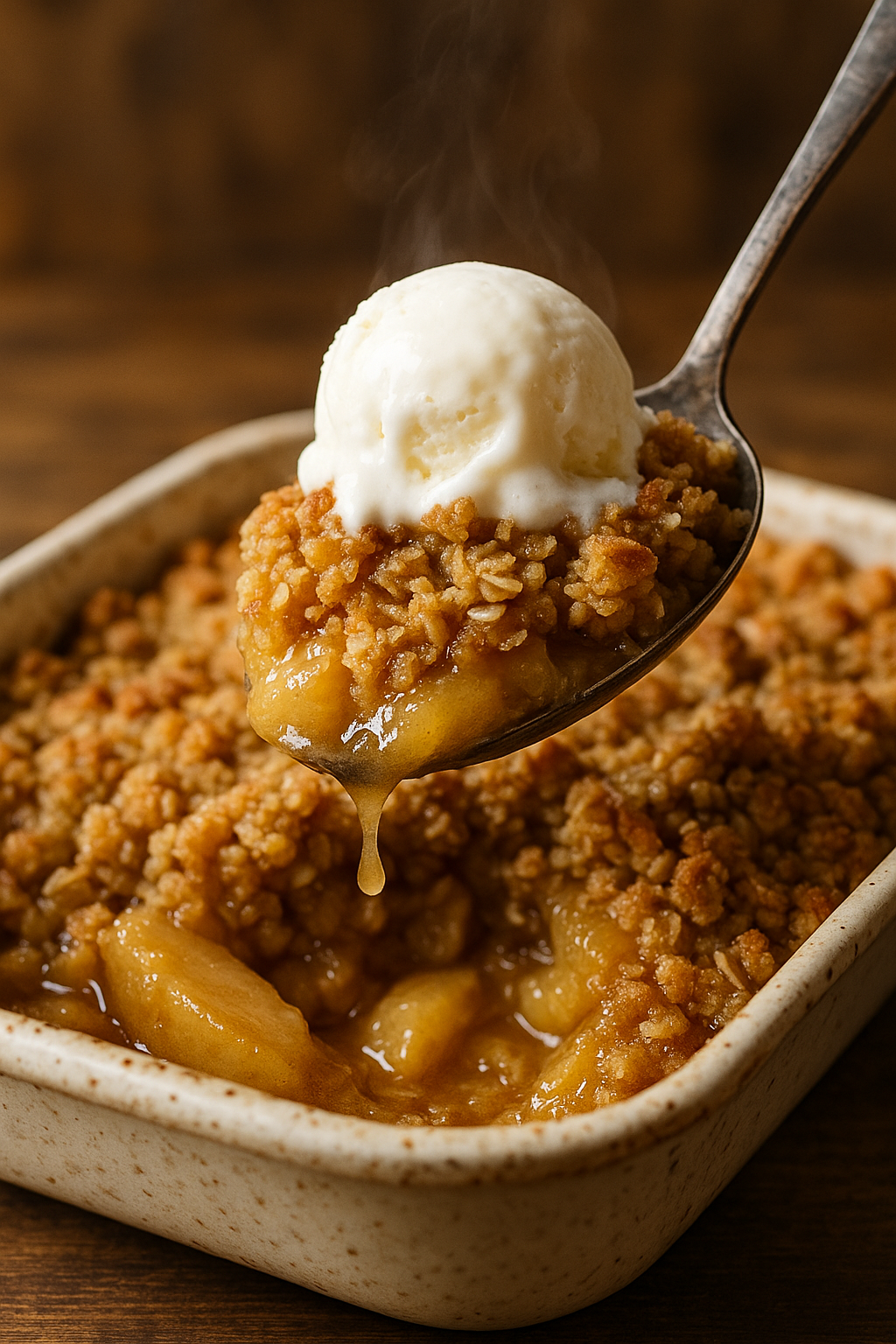 Spoon scooping warm Apple Crisp with ice cream on top