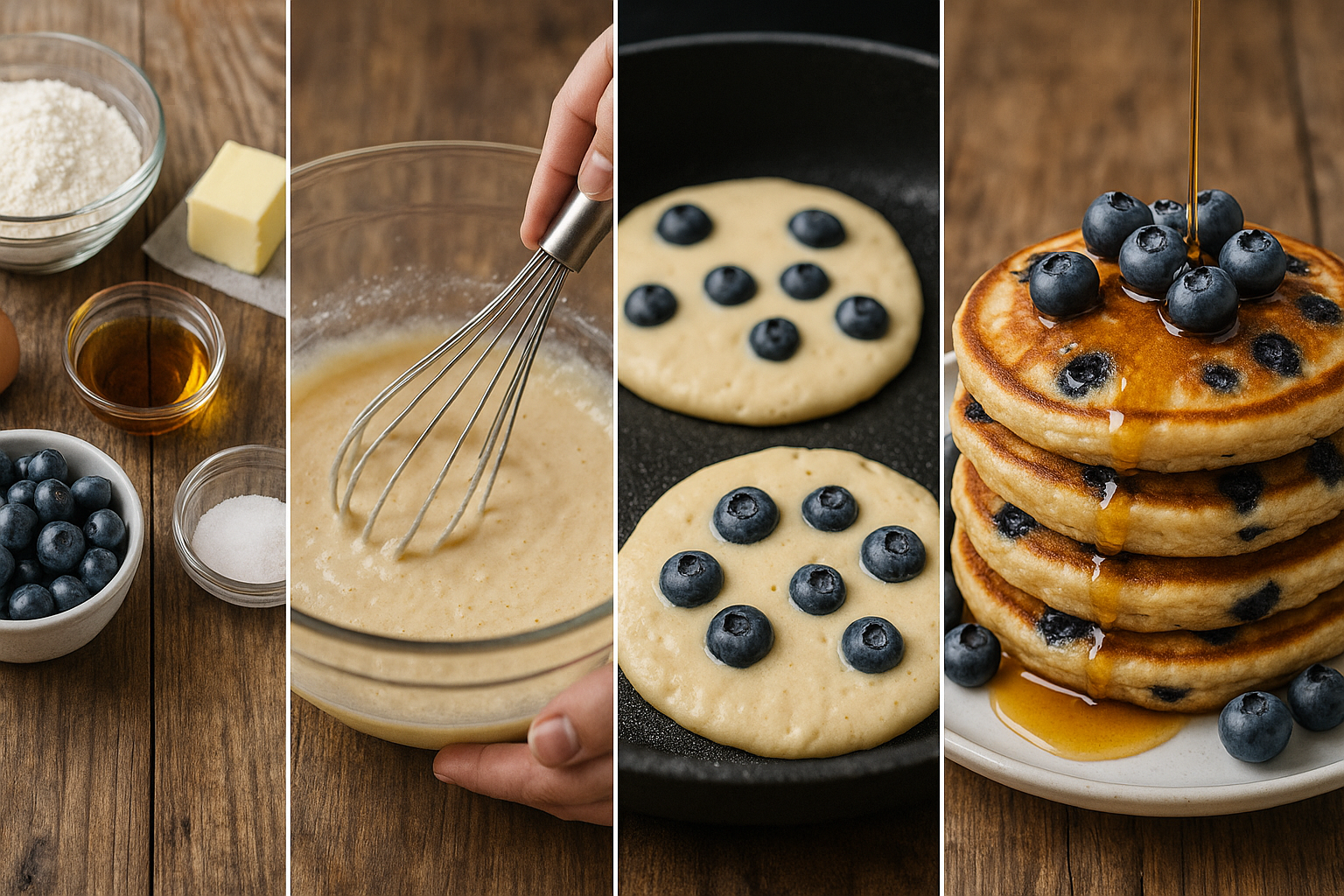 Blueberry pancakes cooking process collage