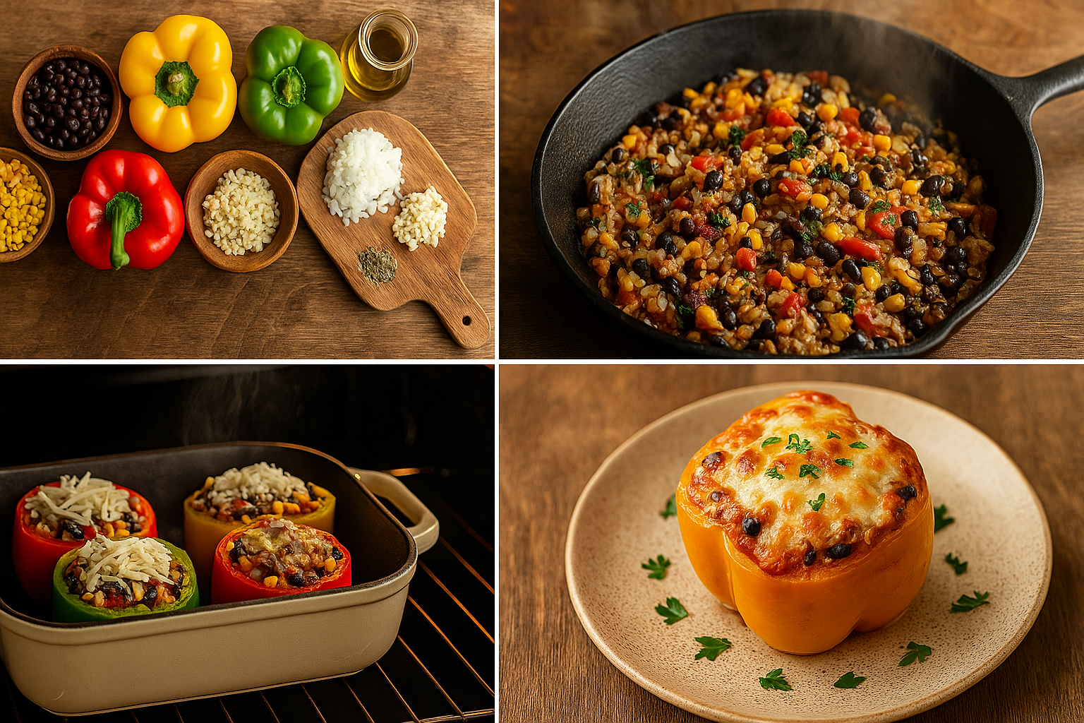 Ingredients, cooking steps, and final vegetarian stuffed bell peppers collage.