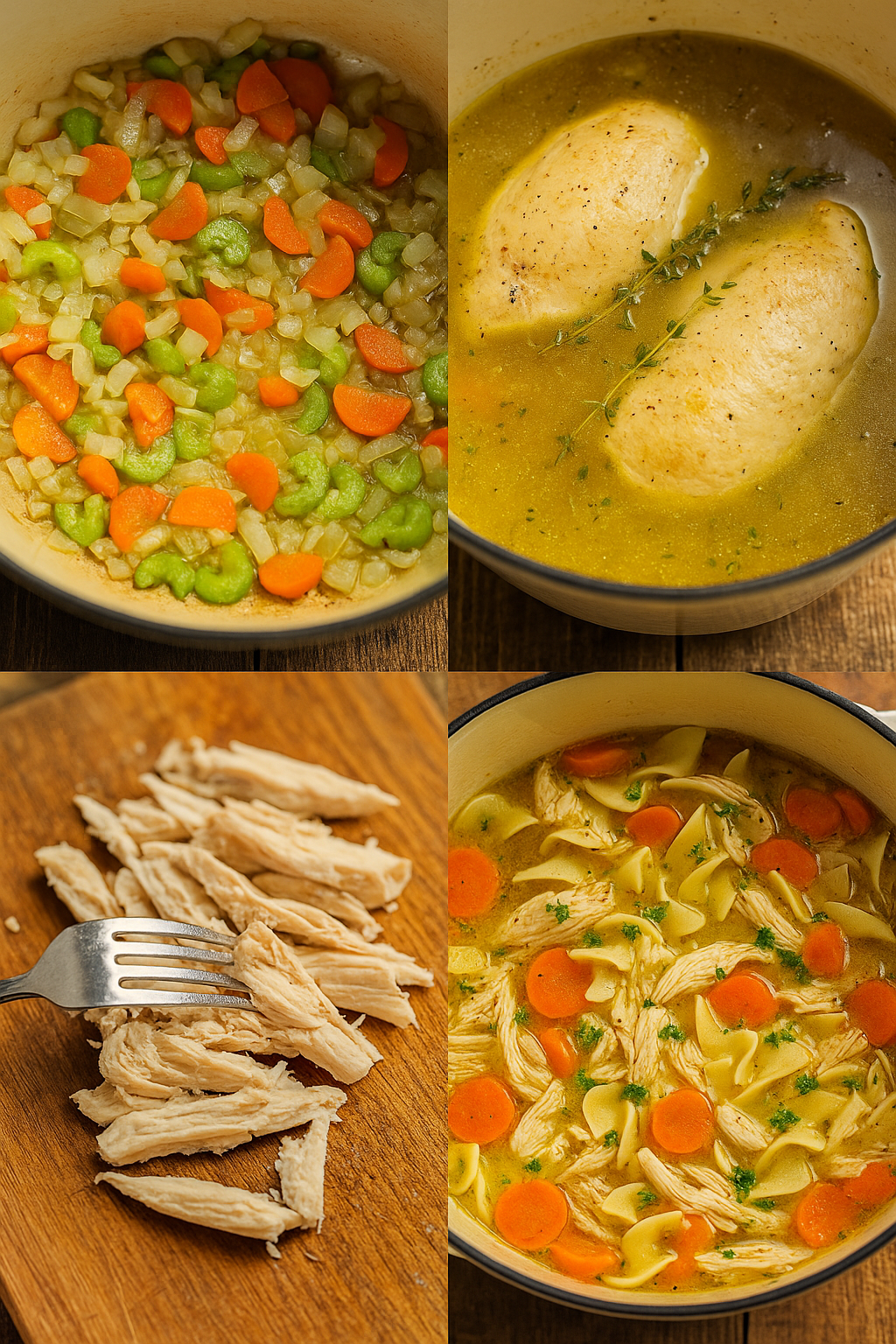 Four-panel collage showing chicken noodle soup preparation from sautéed vegetables to finished dish.