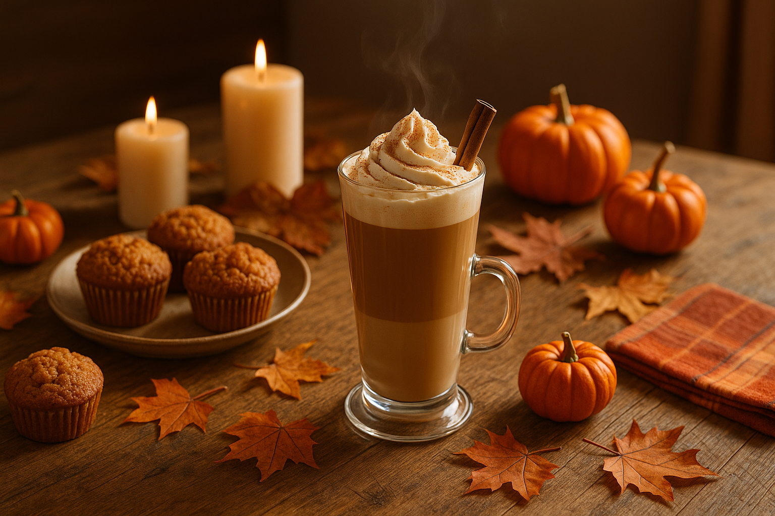 Coffee table set with Pumpkin Spice Latte, pumpkin muffins, and fall leaves
