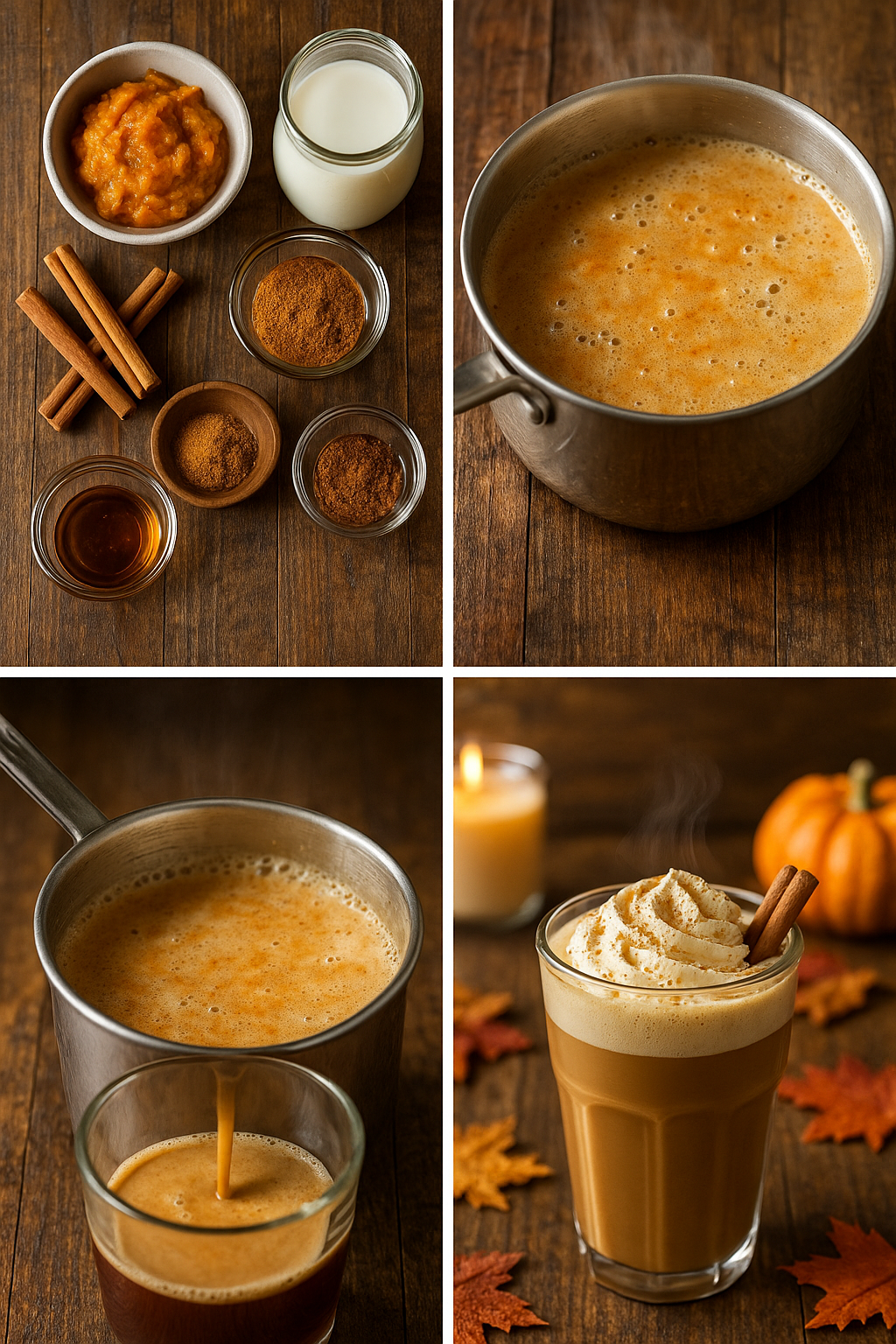 Four-panel collage showing steps to make homemade Pumpkin Spice Latte