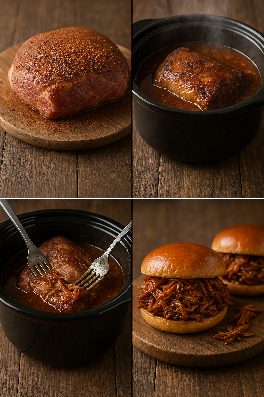 Collage of pork seasoning, slow-cooking, shredding, and saucing.
