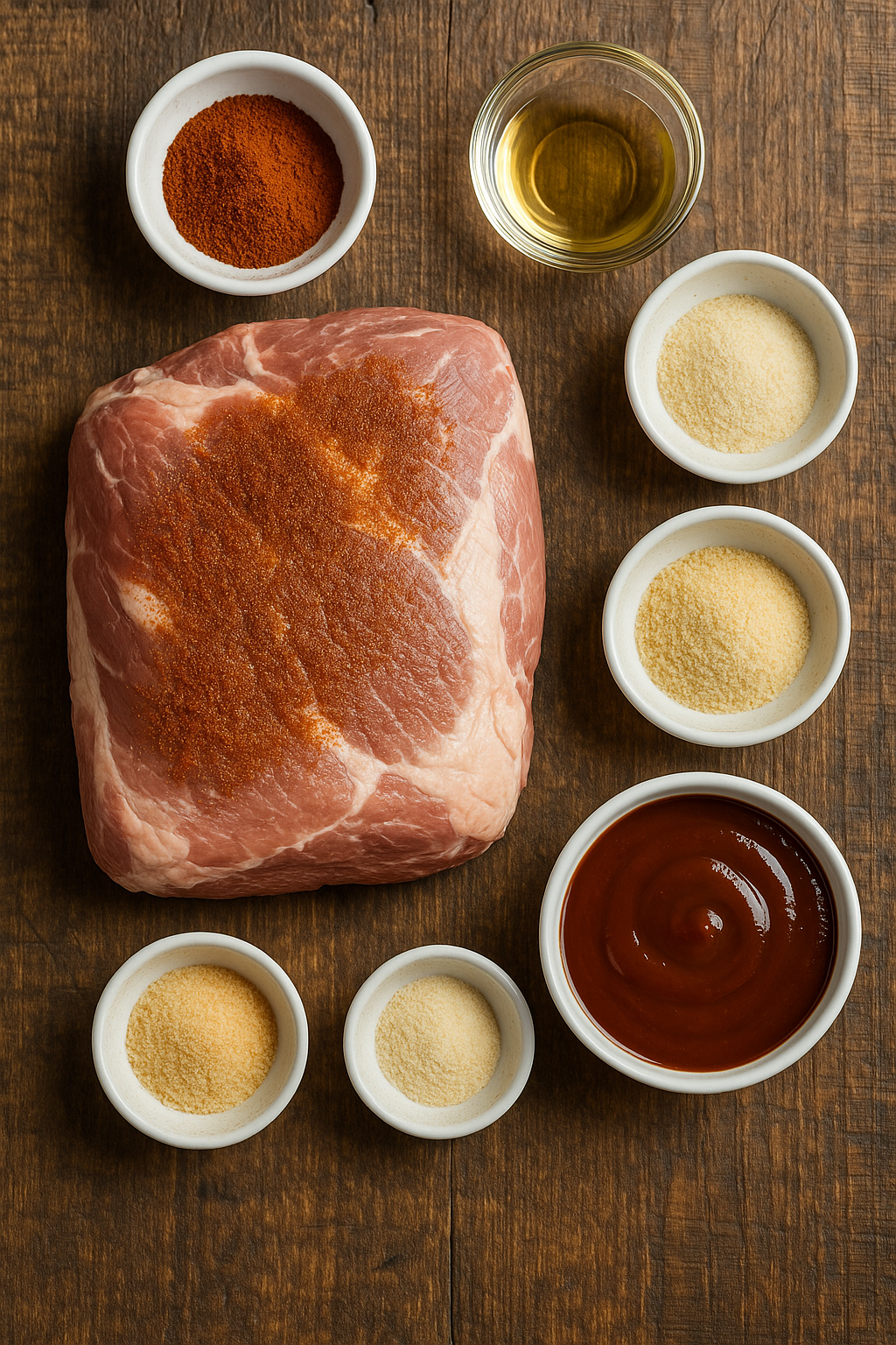 Overhead view of BBQ Pulled Pork ingredients on a rustic wooden table.