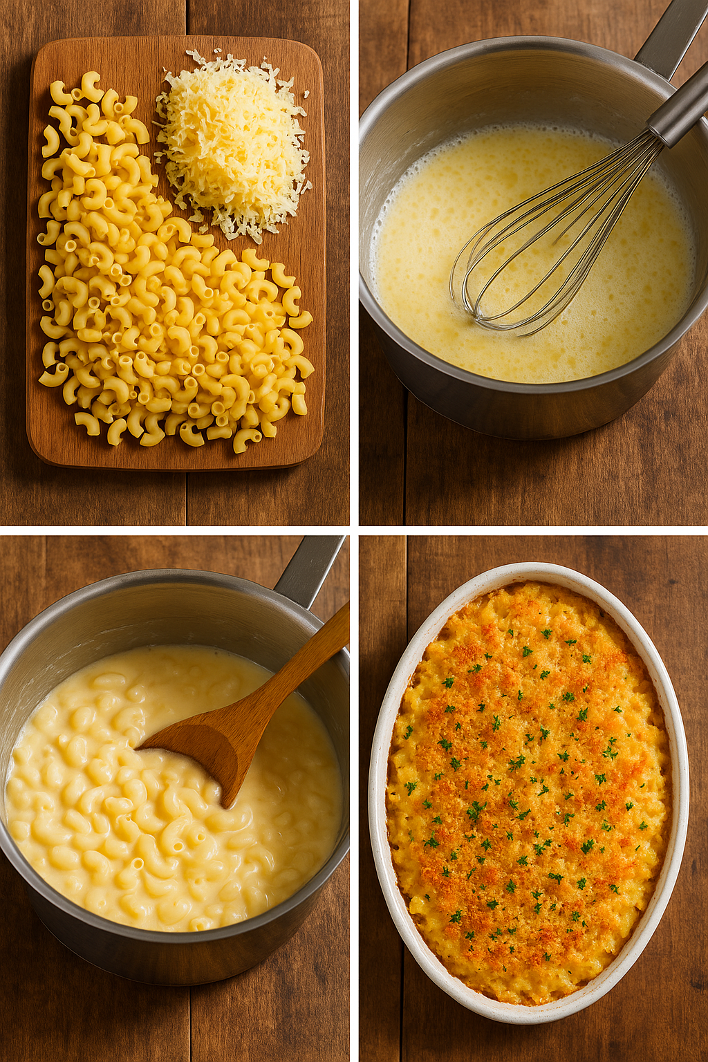 Four-step collage of making Mac and Cheese