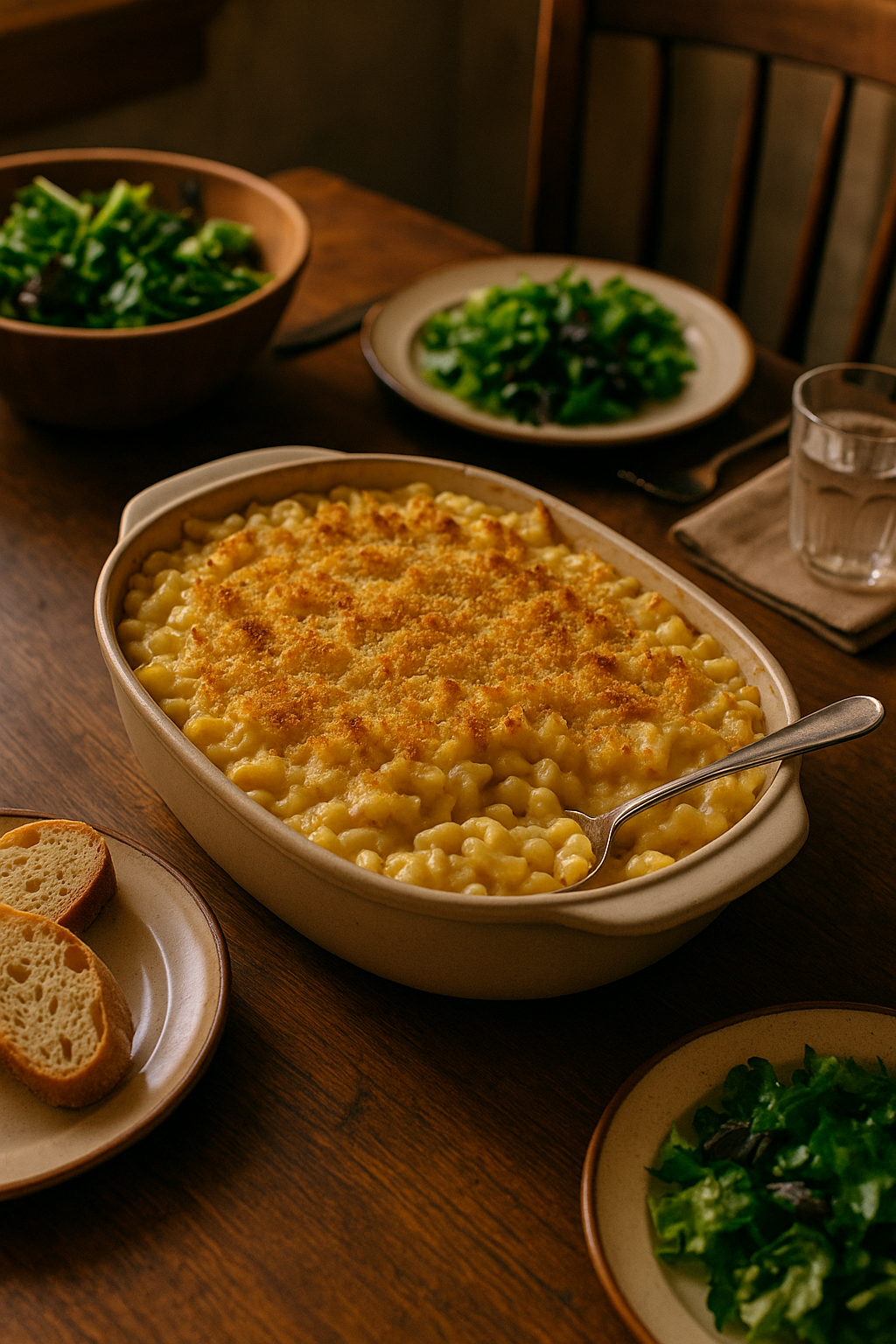 Family dinner with Mac and Cheese centerpiece.