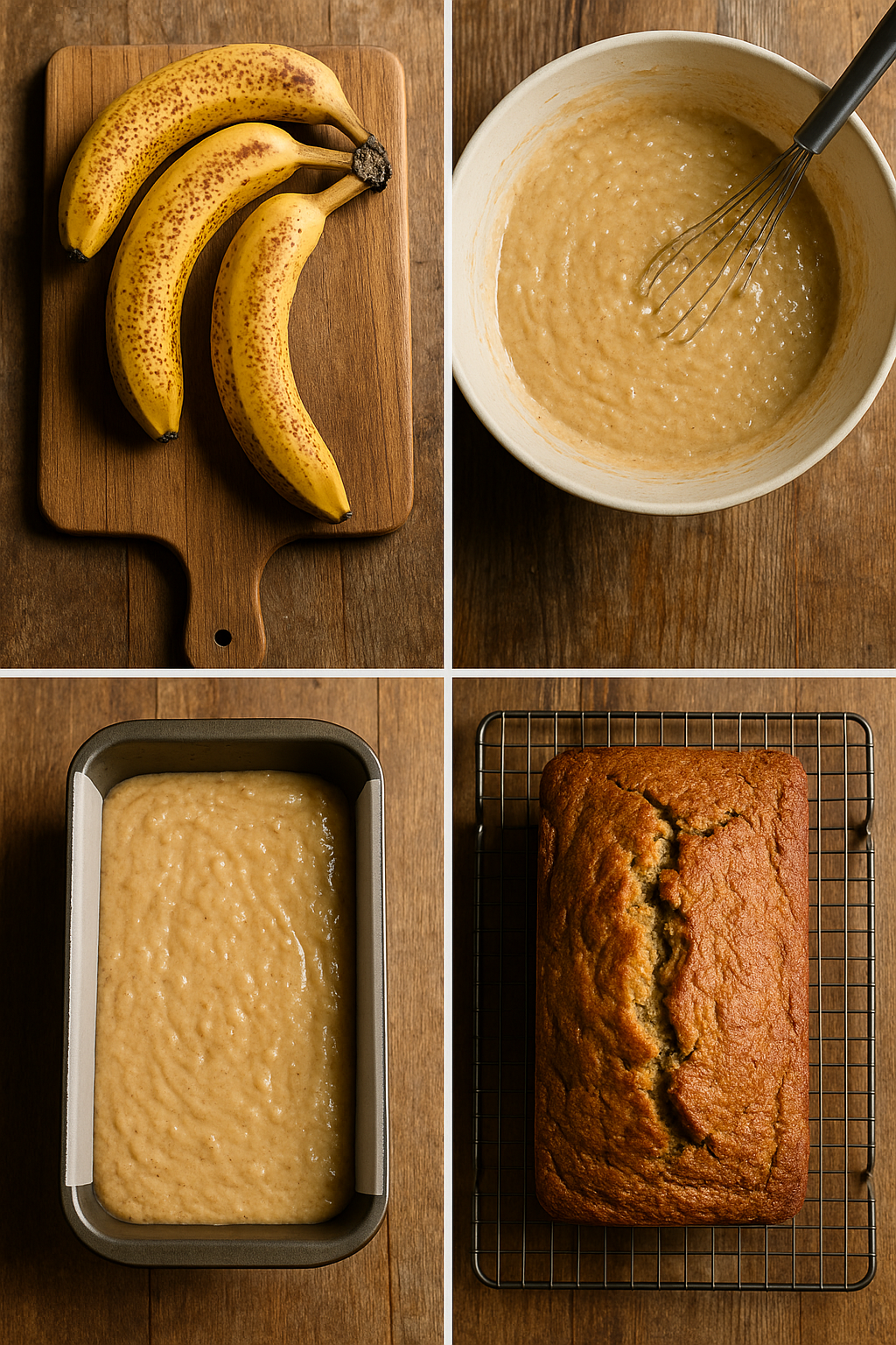 Four-step Banana Bread collage from ingredients to baked loaf.