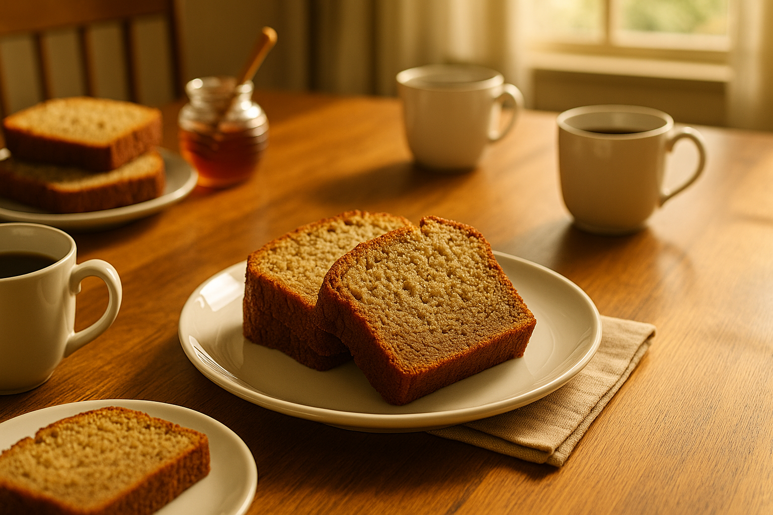 Breakfast table with Banana Bread slices and coffee.