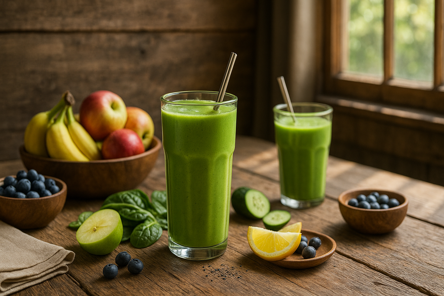Wide rustic breakfast table with Green Detox Smoothie and fresh fruit.