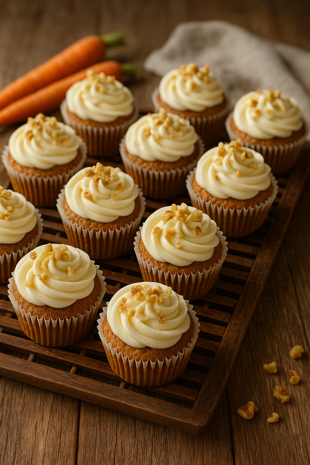 Close-up of carrot cake cupcakes with cream cheese frosting and walnuts on rustic cooling rack