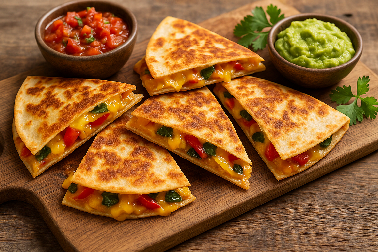 Family-style platter of veggie quesadillas with dips.