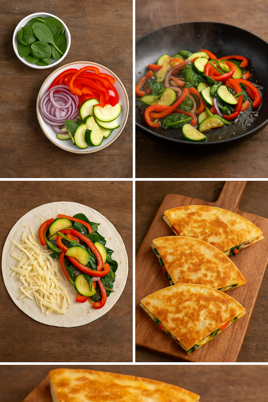 Four-step collage showing veggie quesadilla preparation.