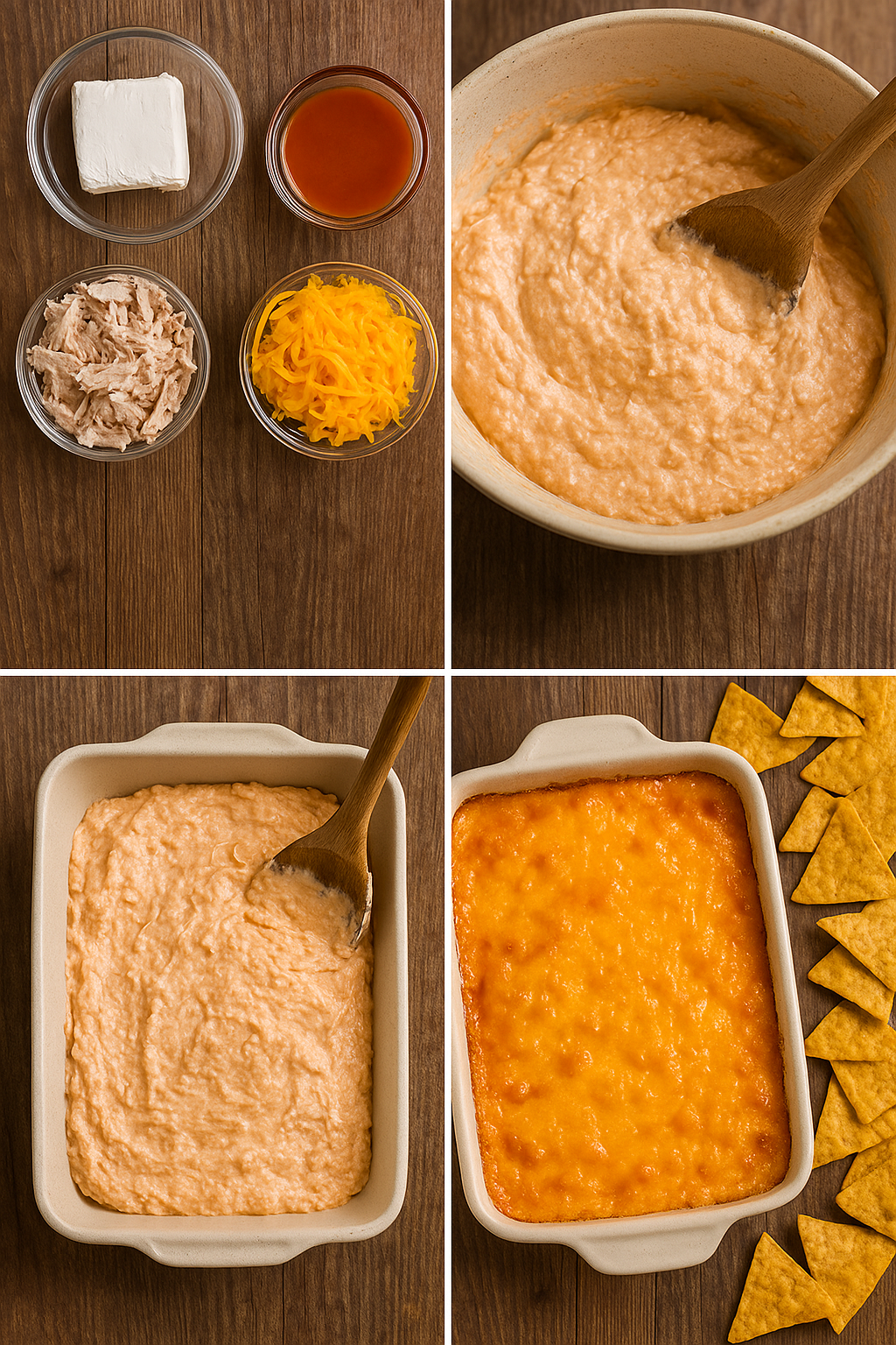 Step-by-step Buffalo Chicken Dip process photos.