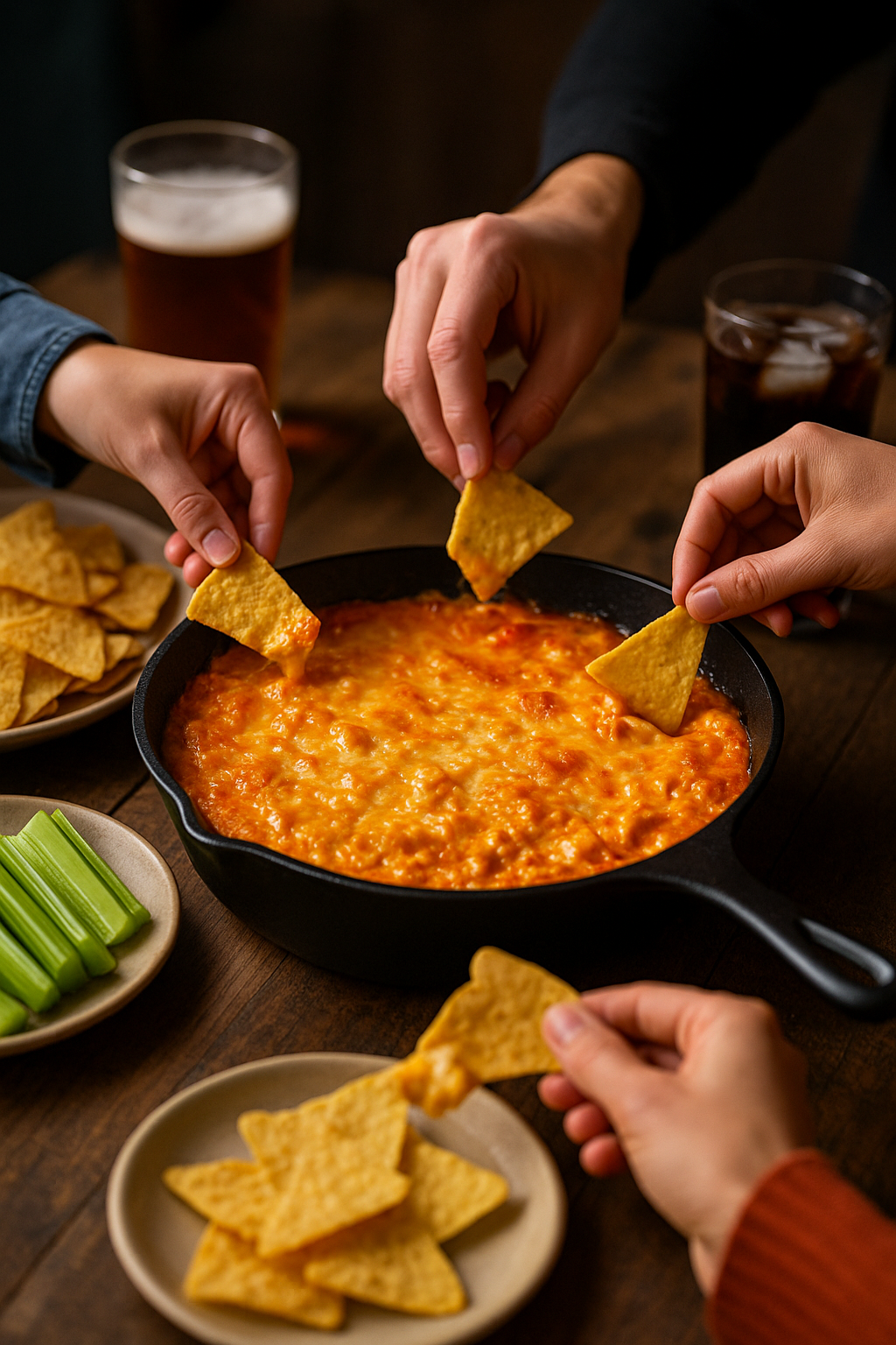 Buffalo Chicken Dip party spread with drinks and friends.