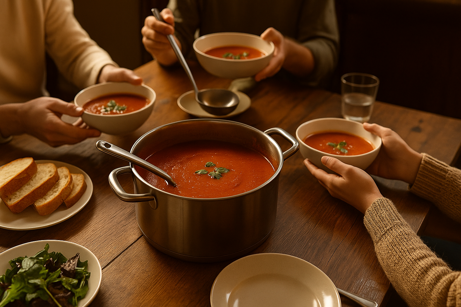 Family dinner table with a pot of tomato basil soup.