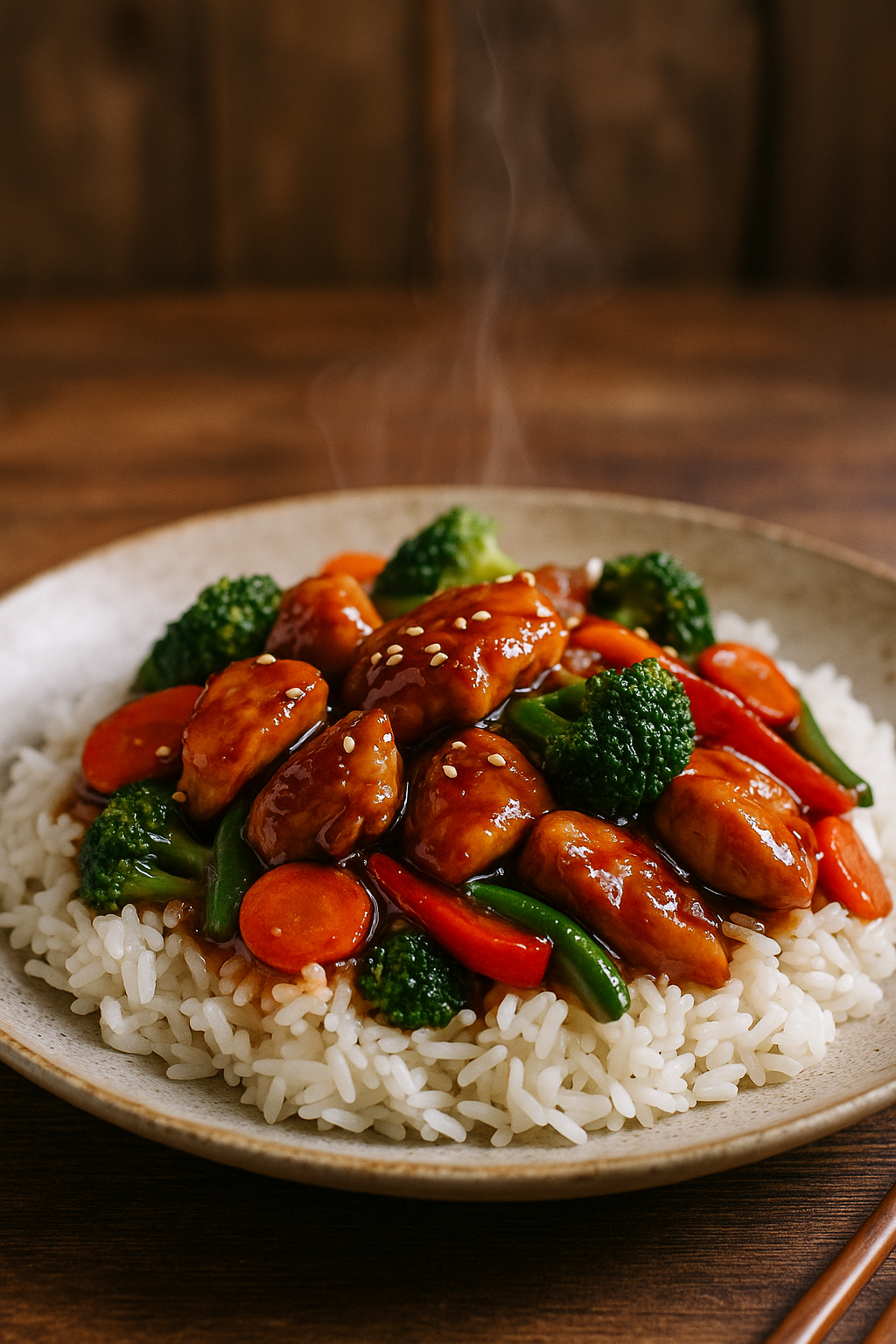 Pinterest vertical of teriyaki chicken stir fry with rice and sesame seeds.