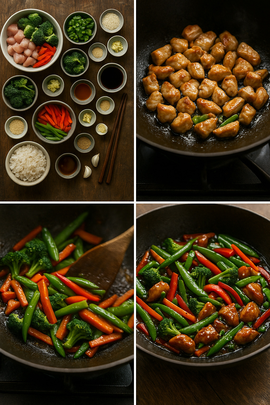 Collage of teriyaki chicken stir fry process from ingredients to final dish.