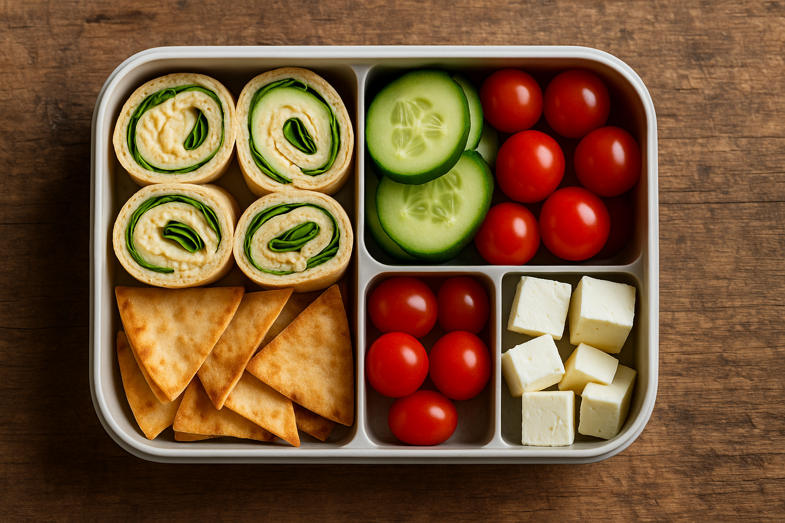 Mediterranean Monday school lunch box with hummus pinwheels.