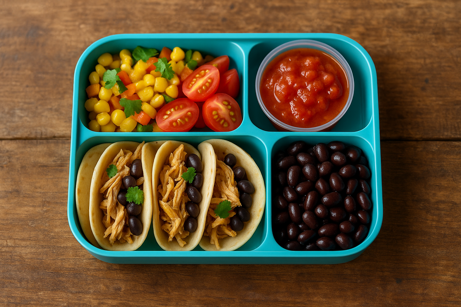 Taco Tuesday school lunch box with chicken and beans.