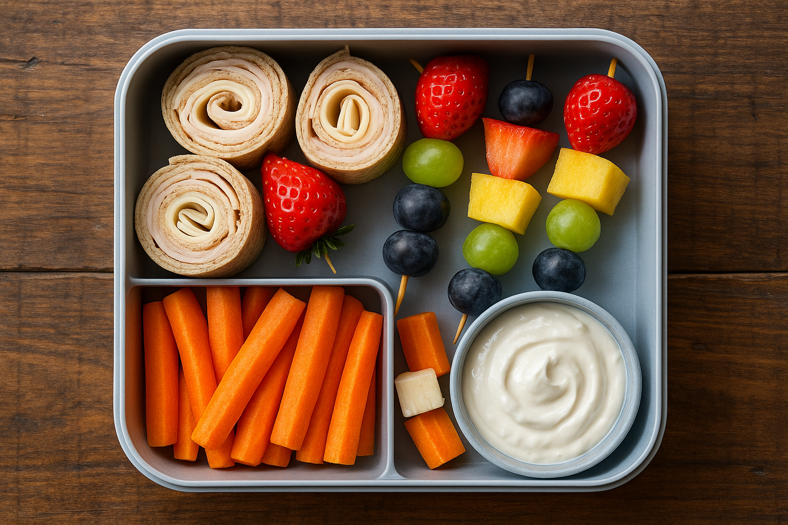 Bright bento lunch with turkey sushi rolls and fruit skewers.