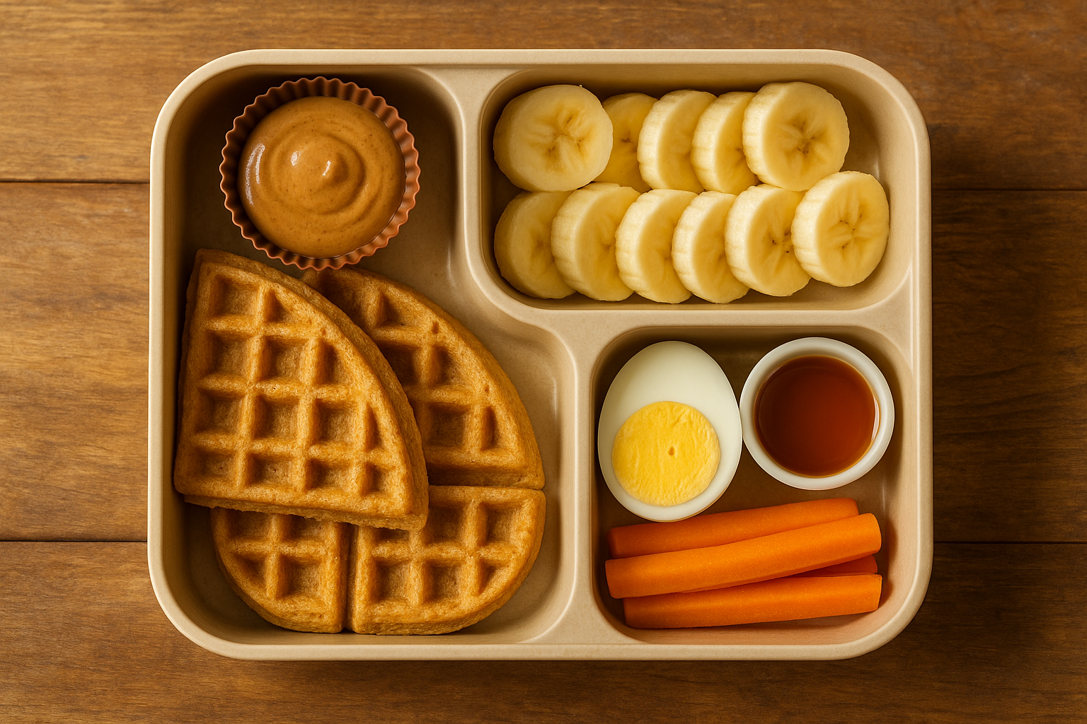 Breakfast-for-lunch bento with waffles and fruit.