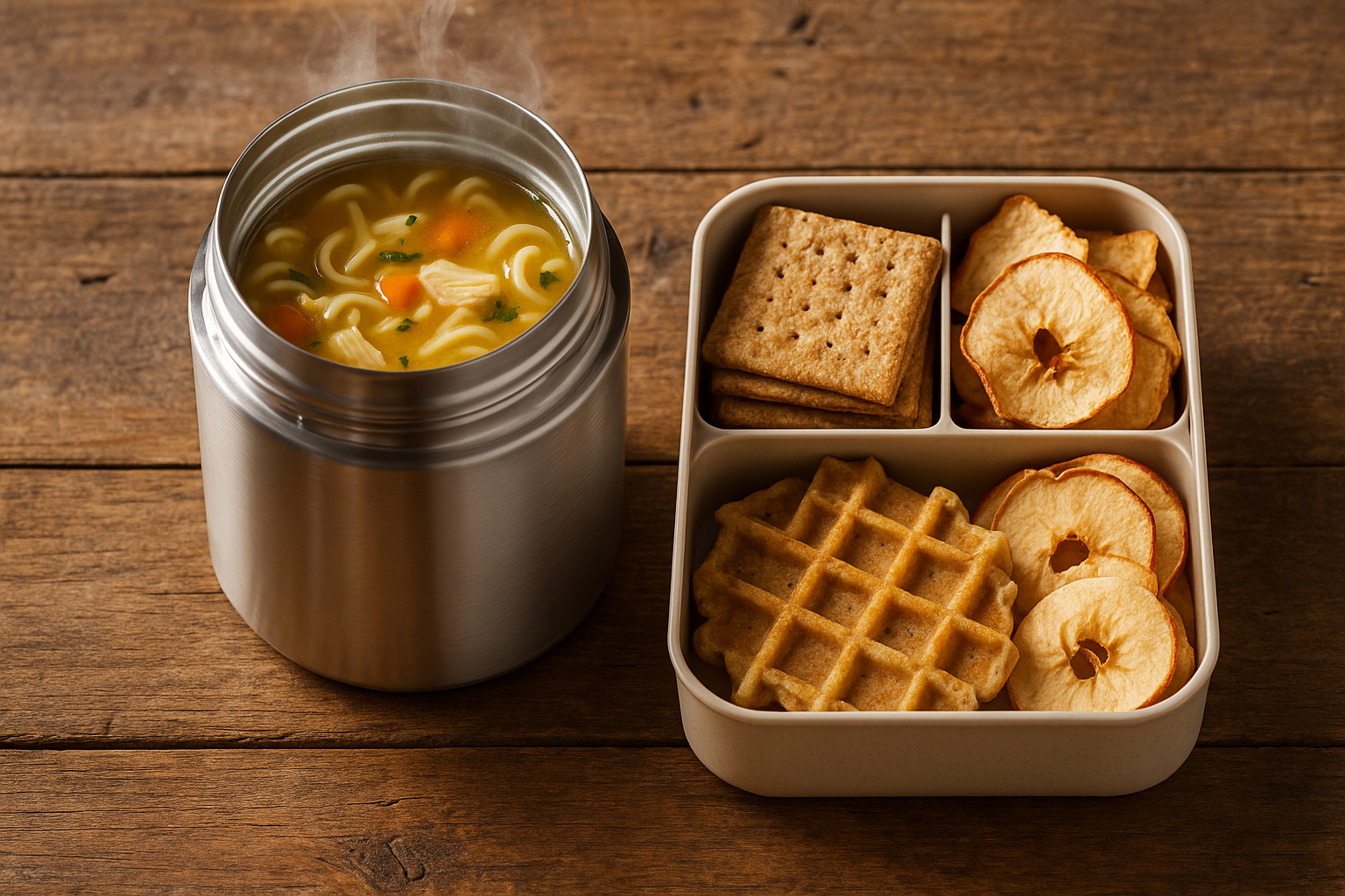 Warm chicken noodle soup lunch with crackers and apple chips.