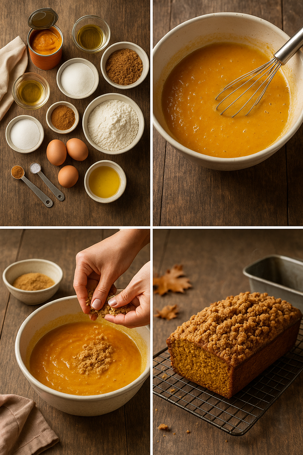 Four-panel collage of moist pumpkin bread making process.