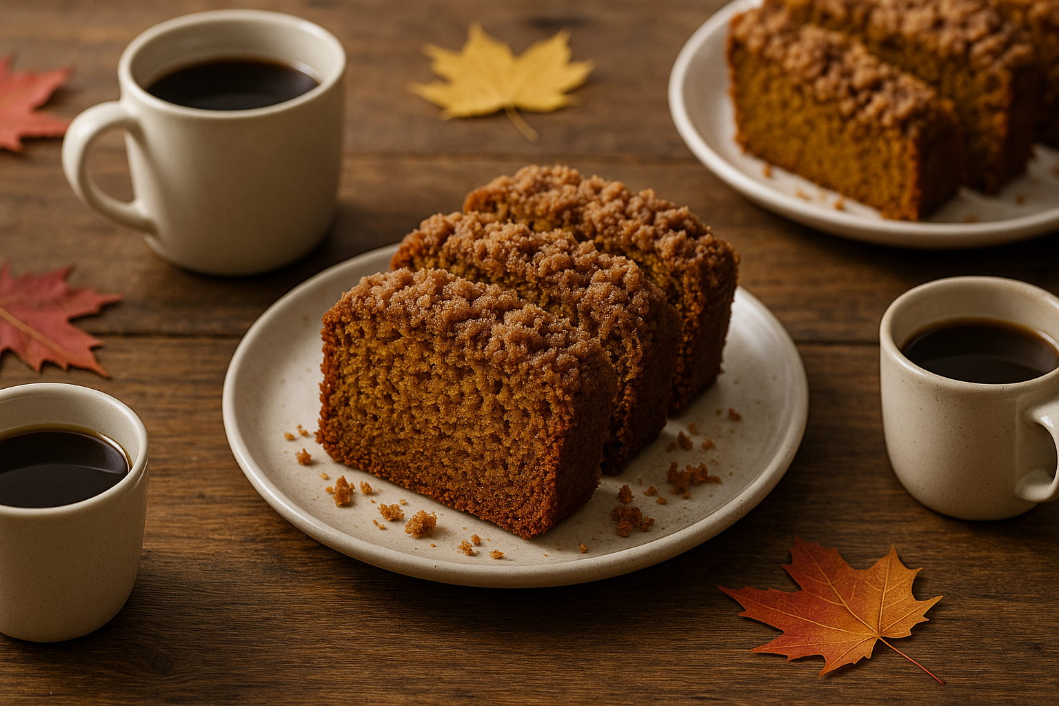 Breakfast table with pumpkin bread and coffee.