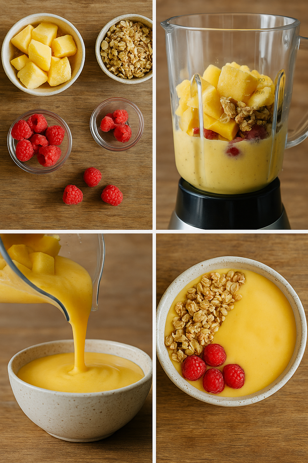 Collage showing ingredients, blending process, pouring smoothie, and final mango smoothie bowl.