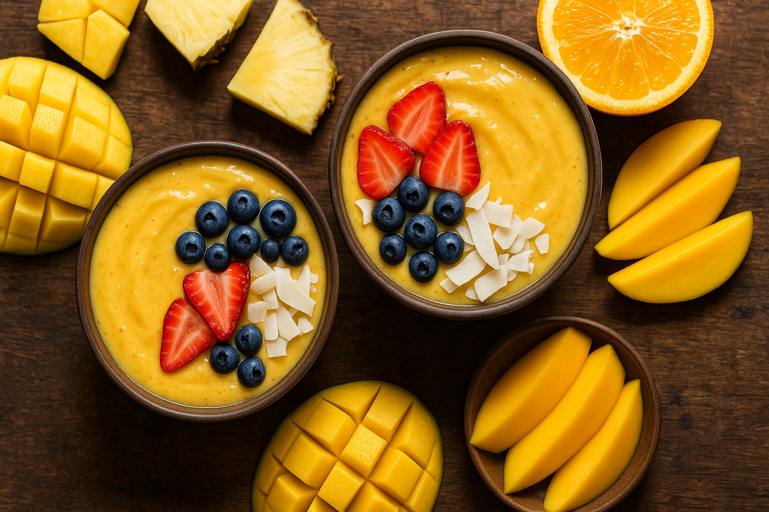 Overhead rustic kitchen scene with two mango smoothie bowls and tropical fruit slices.