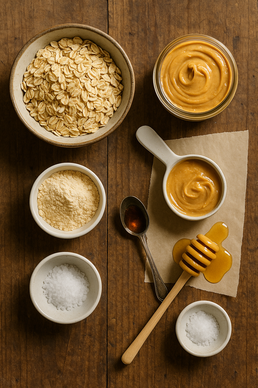 Rolled oats, peanut butter jar, honey dipper, vanilla protein powder and vanilla extract arranged on rustic table.
