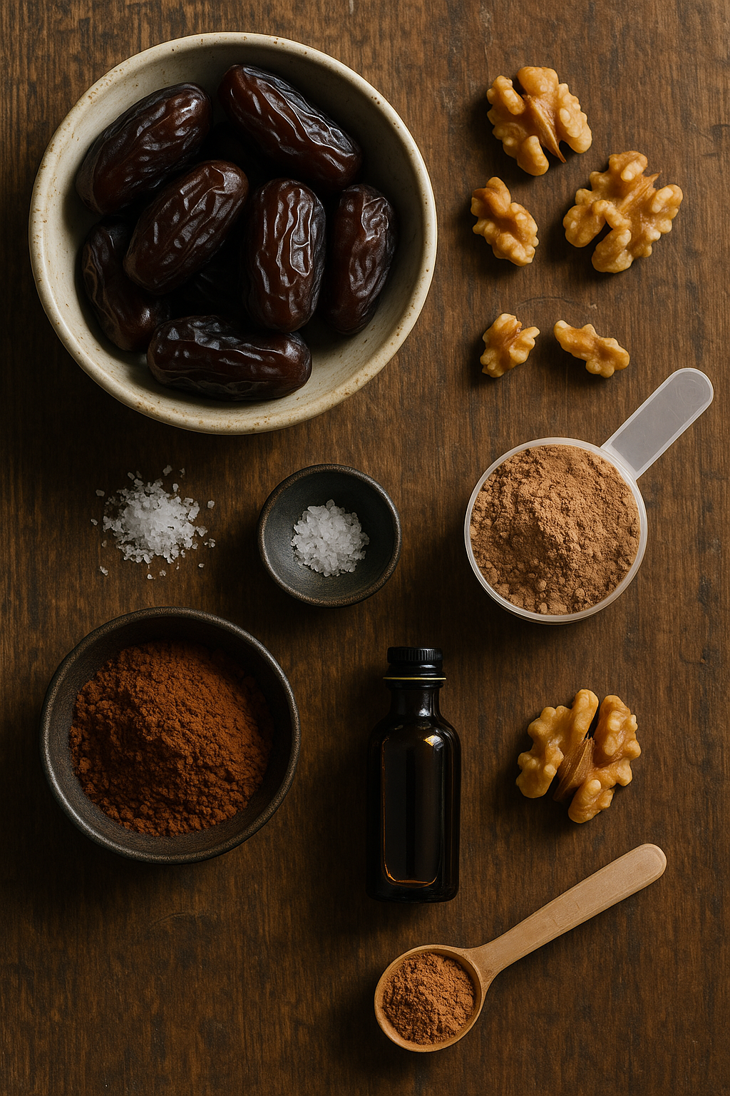 Medjool dates, walnuts, cocoa powder, chocolate protein powder and vanilla extract on rustic wooden board.