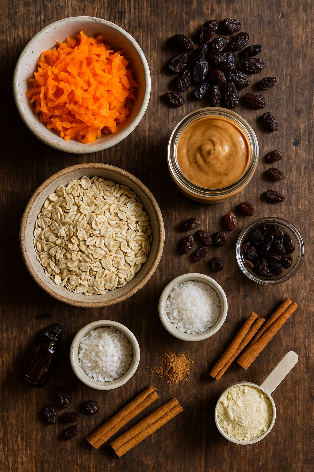 Grated carrot, rolled oats, almond butter, raisins, coconut, maple syrup and spices arranged on rustic wooden table.