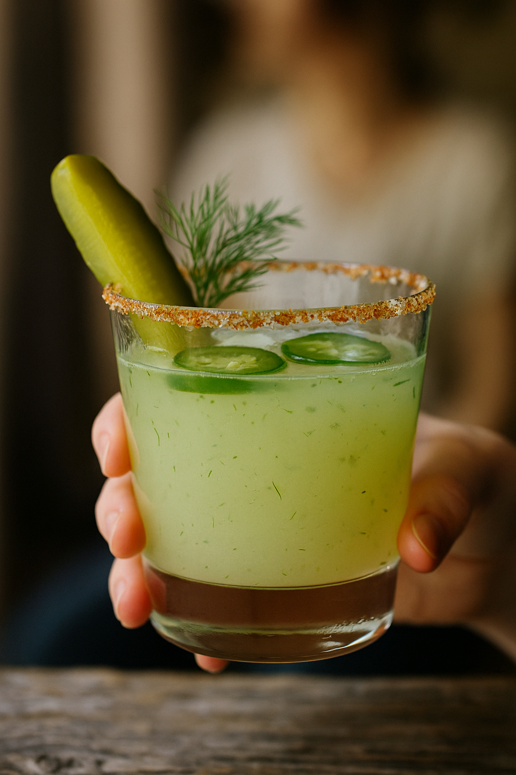 Spicy dill pickle margarita in a salt-rimmed glass with jalapeño slices and pickle spear on a rustic wooden table, natural daylight.