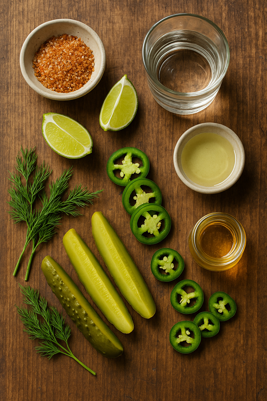 Overhead rustic flat lay of pickle margarita ingredients: chili-salt, lime wedges, tequila, triple sec, agave syrup, dill sprigs, pickle spears, and jalapeño slices.