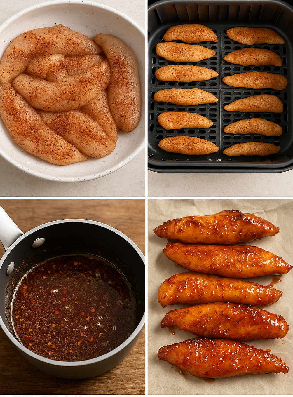 чFour-step collage showing how to make sweet-spicy chicken tenders.