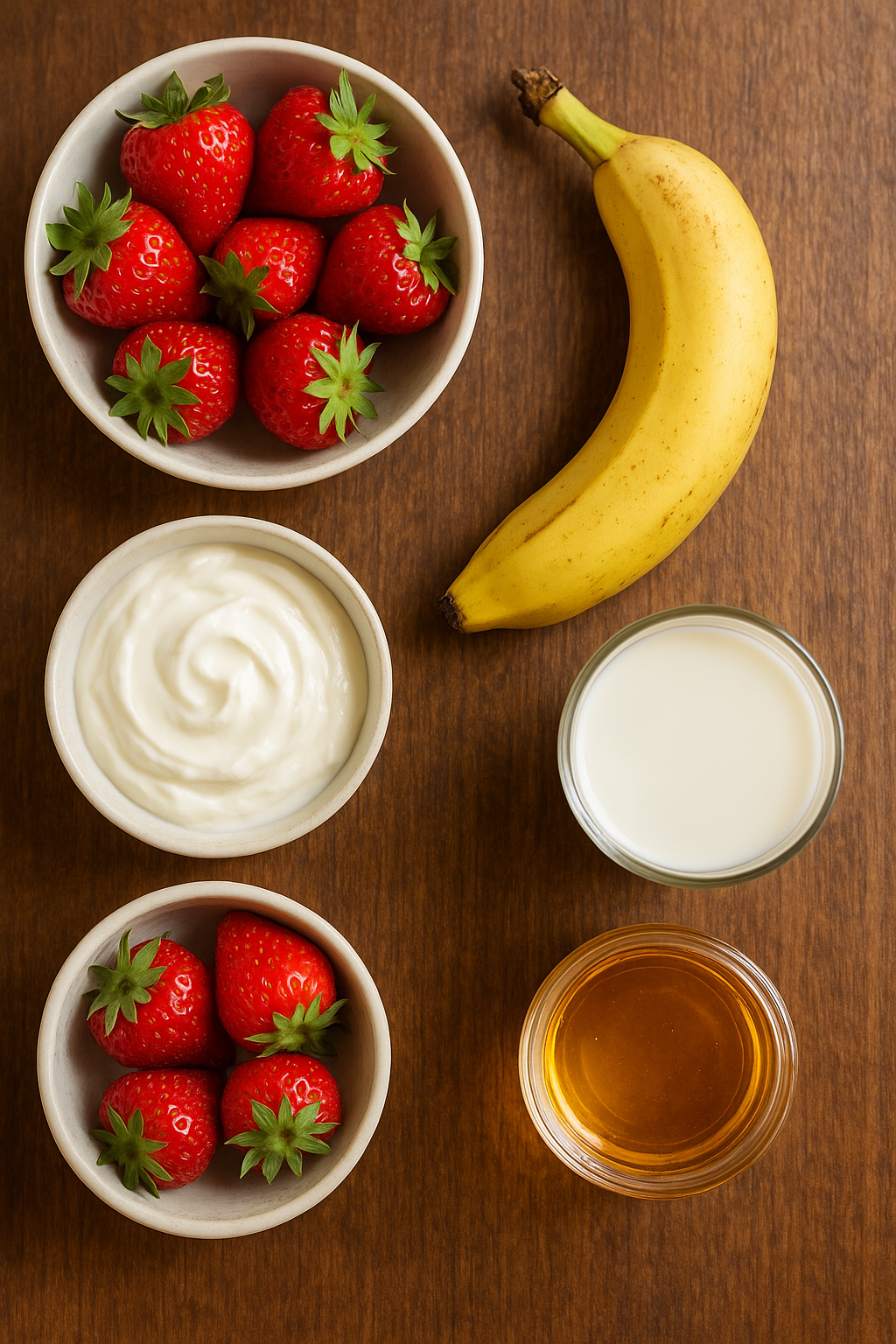 Strawberries, banana, yogurt, milk, and honey on table