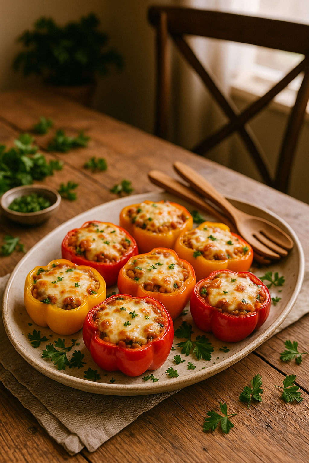 Rustic family-style dinner table with a large oval platter of vegetarian stuffed bell peppers topped with melted cheese, fresh parsley scattered, wooden serving utensils, and warm natural daylight.