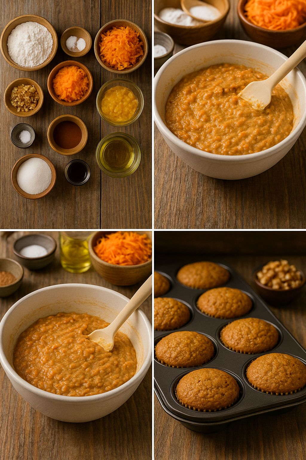 Step-by-step collage of making carrot cake cupcakes
