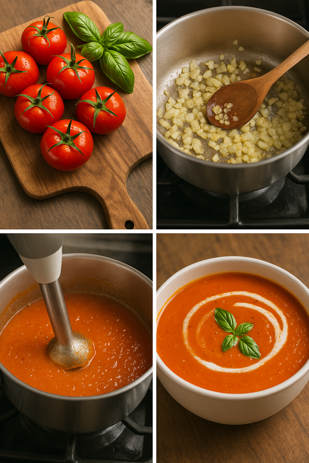Four-step collage of making tomato basil soup.