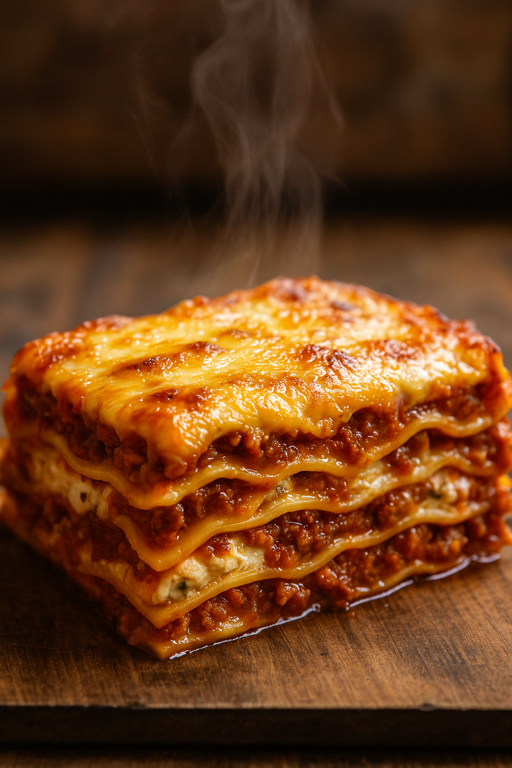 Sliced classic lasagna with ricotta and cottage cheese.