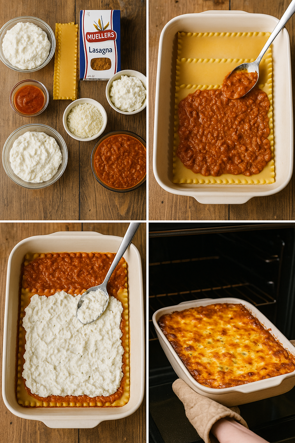 Step-by-step collage for making classic lasagna with ricotta.