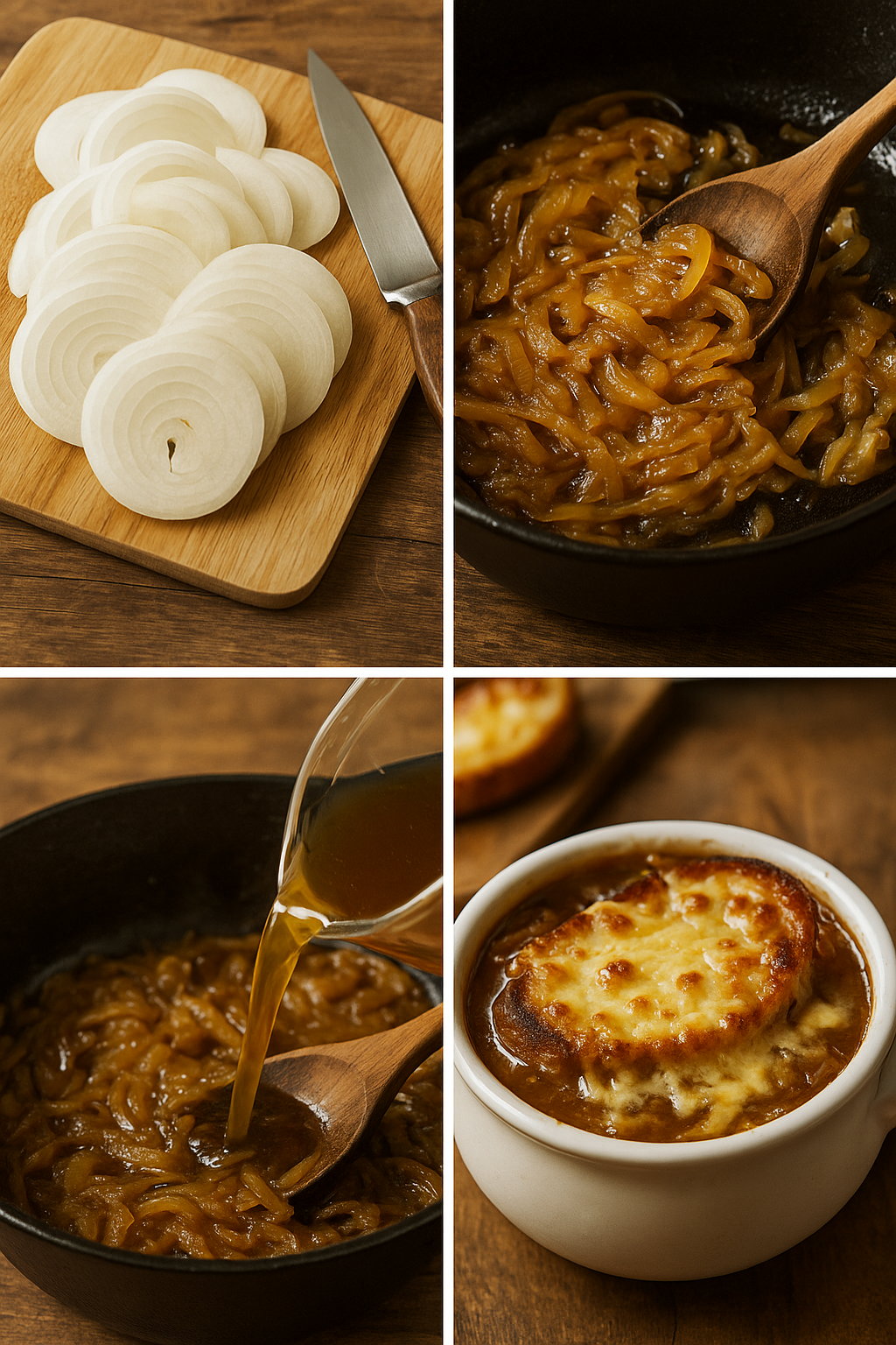 Step-by-step collage of making French onion soup.